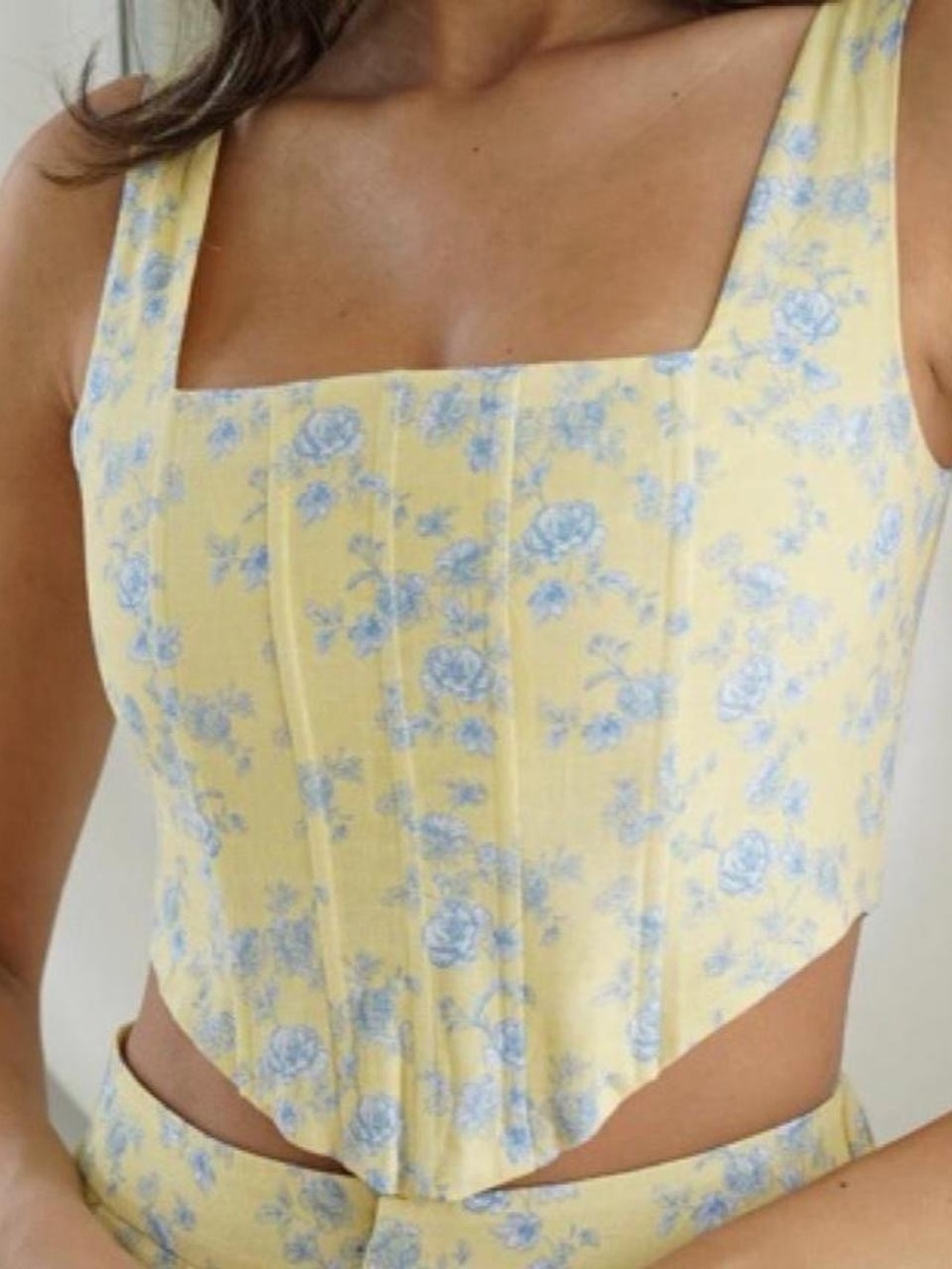 NWT Yllw Yellow The Label Andie Linen Floral Corset Tank Top in Yellow/Blue - S - Picture 2 of 6